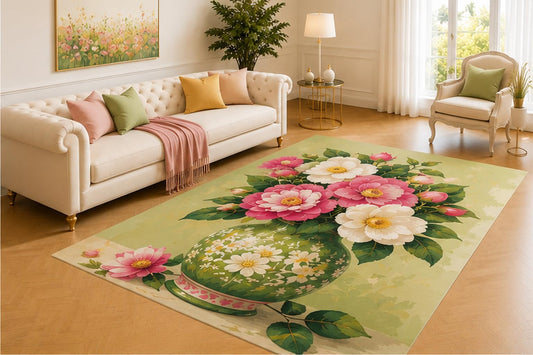 ICE ARMOR 5' x 7' Green Floral Vase Rug, Pink and White Camellia Blooms with Painted Leaves, Fresh Botanical Decor for Living Room, Bedroom, Sunroom or Entryway