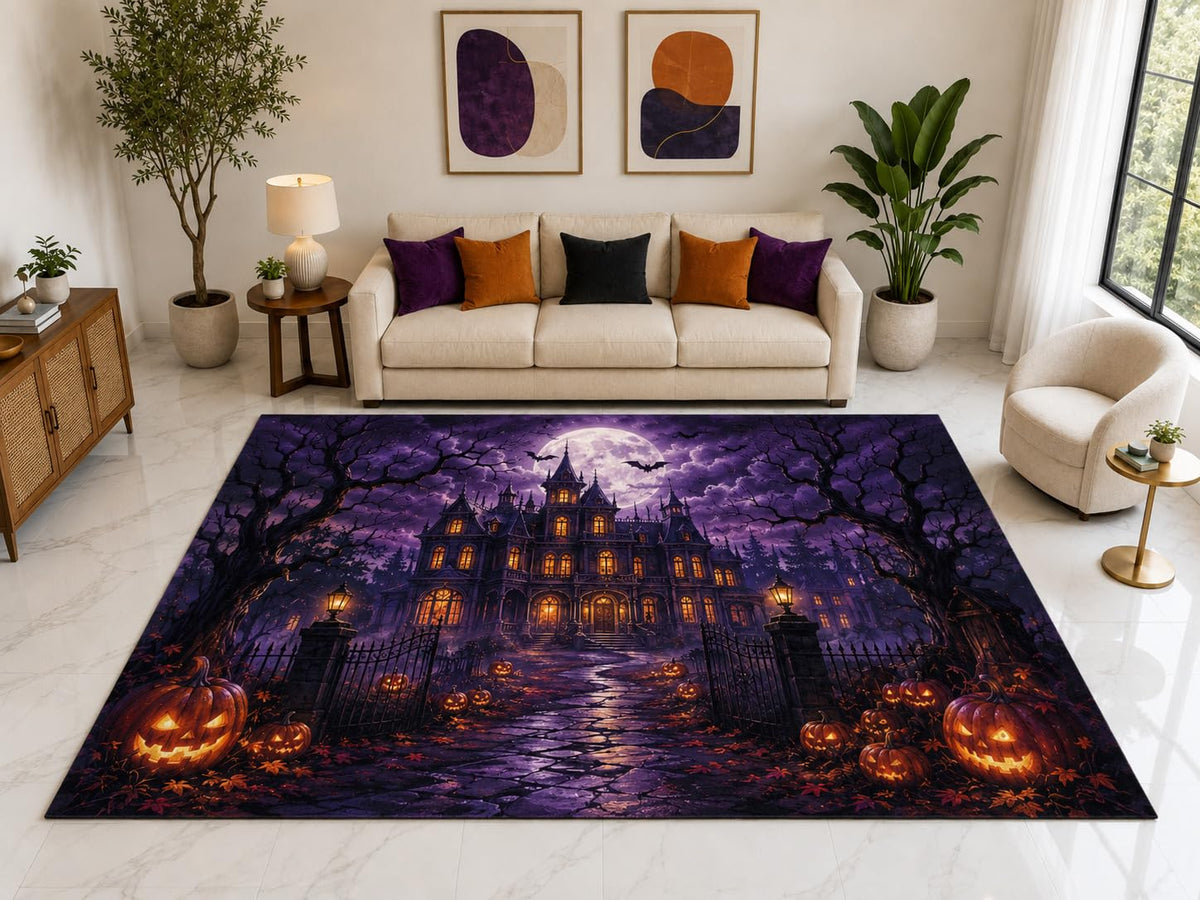 ICE ARMOR "Ultra Light Weight Large 6'7" x 9'10" Haunted Mansion Pumpkin Rug, Soft Low Pile Indoor Rug, Non-Slip Silicone Backing for Living Room Purple