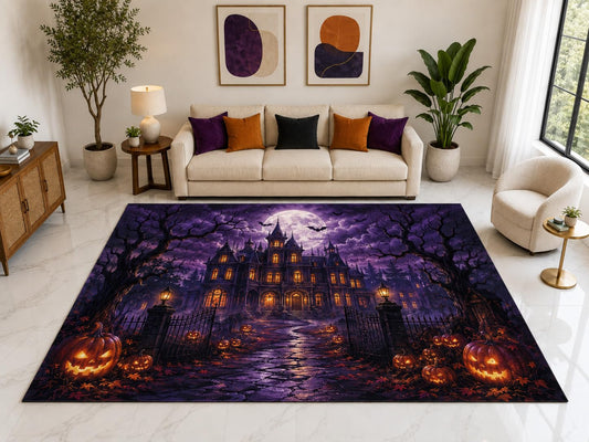 ICE ARMOR "Ultra Light Weight Large 6'7" x 9'10" Haunted Mansion Pumpkin Rug, Soft Low Pile Indoor Rug, Non-Slip Silicone Backing for Living Room Purple
