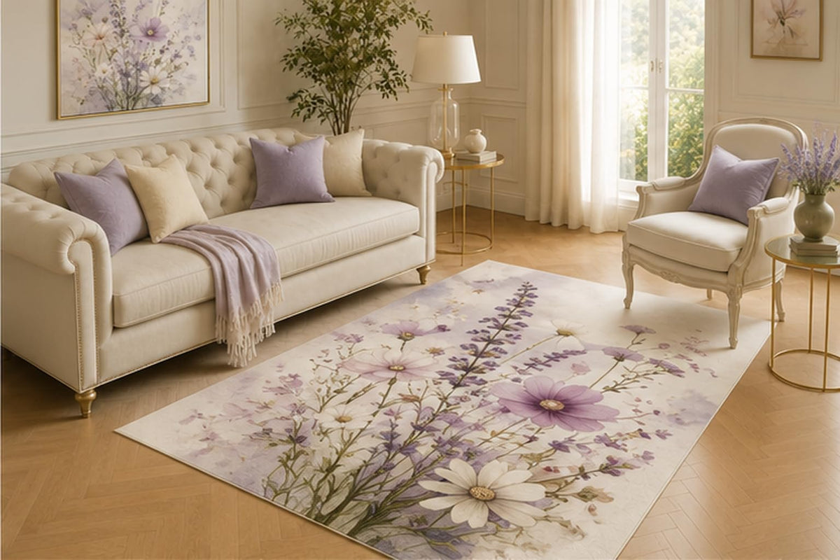 ICE ARMOR 5' x 7' Lavender Meadow Floral Area Rug for Living Room, Soft Low Pile Indoor Carpet with Non-Slip Backing for Bedroom, Dining Room, Office, Purple