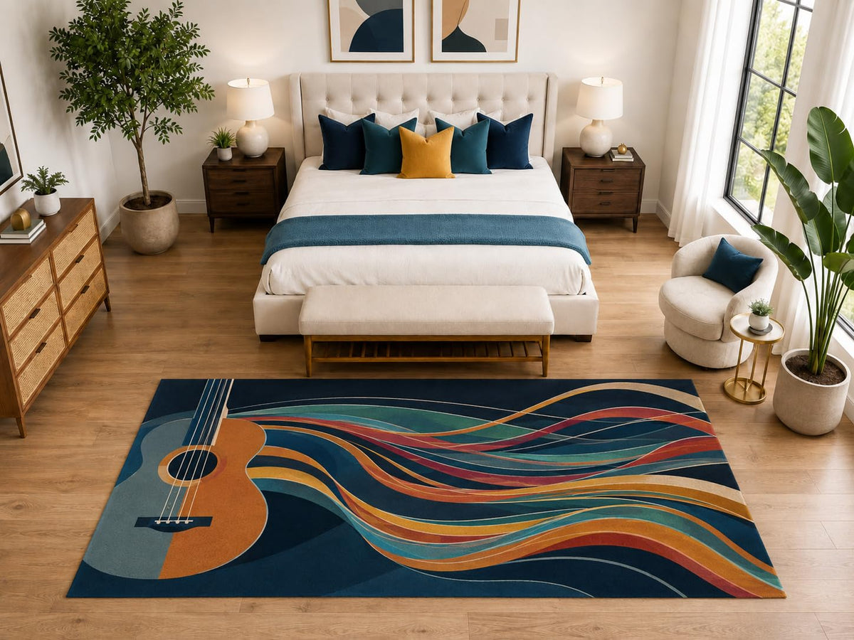 ICE ARMOR "Ultra Light Weight Large 6'7" x 9'10" Flowing Guitar Music Rug, Soft Low Pile Indoor Rug, Non-Slip Silicone Backing for Bedroom Navy