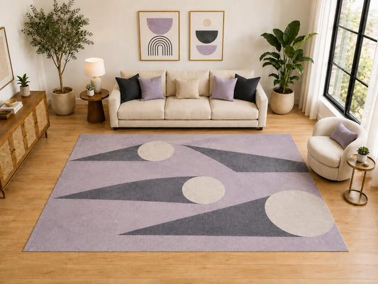 ICE ARMOR Large 6'7" x 9'10" Geometric Triangle Sphere Area Rug for for Bedroom, Living Room, Soft Low Pile Indoor Rug with Non-Slip Silicone Backing, Lavender Gray Ivory