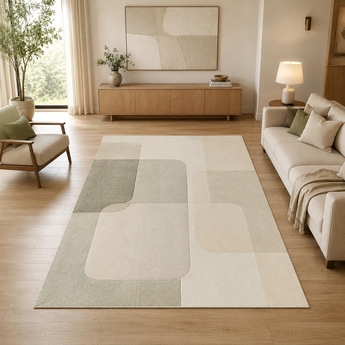 ICE ARMOR 5' x 7' Modern Geometric Block Area Rug for Living Room, Soft Low Pile Indoor Rug with Non-Slip Silicone Backing, Decorative Carpet for Bedroom, Office, Family Room, Sage Green