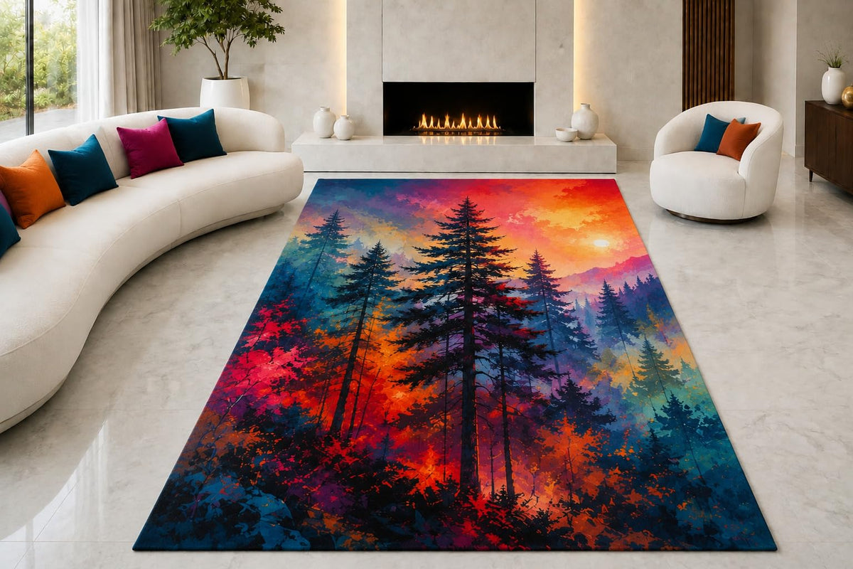 ICE ARMOR "Ultra Lightweight Large 6'7" x 9'10" Forest Sunset Area Rug for Living Room, Bedroom and Home Office, Soft Low Pile Carpet with Non-Slip Silicone Backing, Purple and Orange
