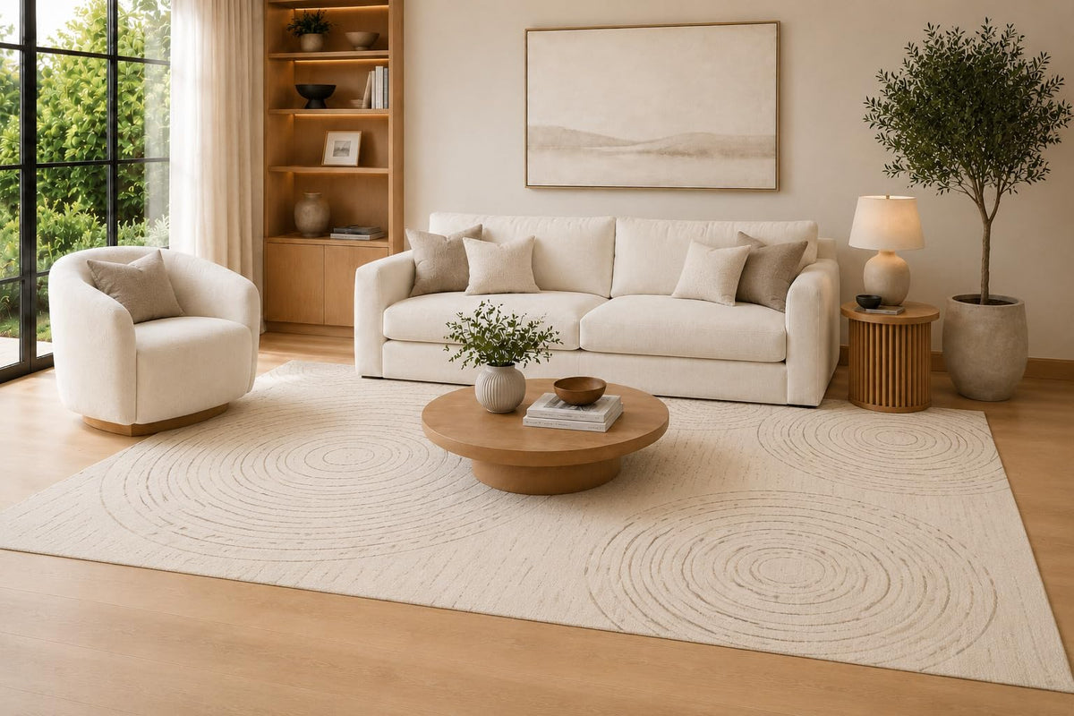 ICE ARMOR Large 6'7" x 9'10" Cream and Beige Concentric Circle Area Rug for Living Room, Soft Low Pile Carpet with Non-Slip Silicone Backing, Decor for Bedroom, Dining Area and Home Office