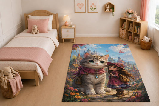 ICE ARMOR "Ultra Light Weight 5' x 7' Girl and Giant Cat Area Rug for Living Room, Bedroom and Home Office, Soft Low Pile Carpet with Non-Slip Silicone Backing, Pink and Gray