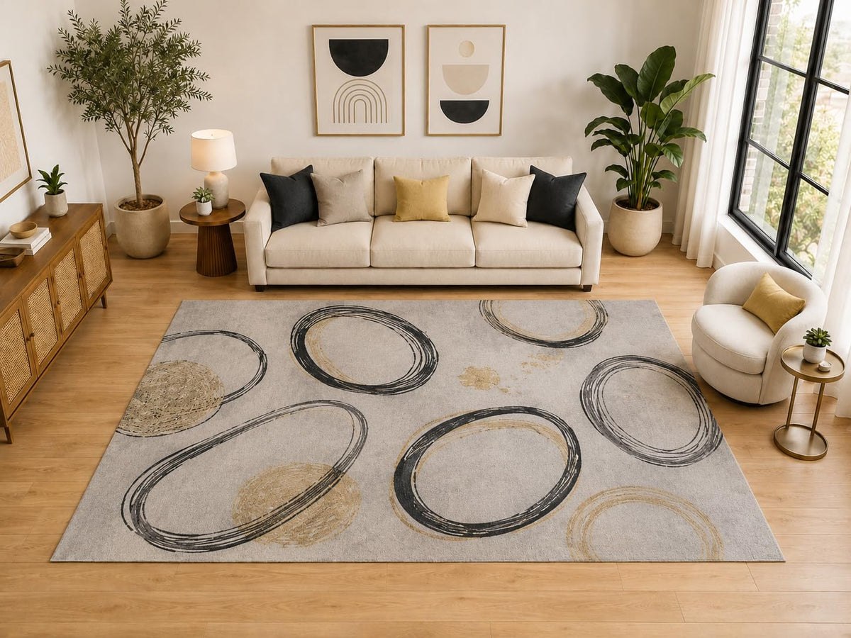 ICE ARMOR Large 6'7" x 9'10" Abstract Hand Drawn Circle Area Rug for for Bedroom, Living Room, Soft Low Pile Indoor Rug with Non-Slip Silicone Backing, Beige Black Golden