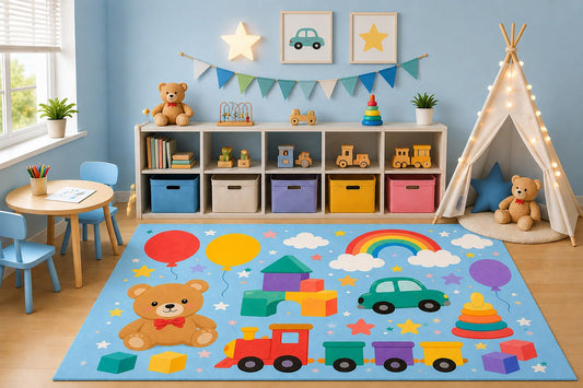 ICE ARMOR 5' x 7' Teddy Bear Train Area Rug for Kids Playroom Nursery Bedroom, Building Blocks Cars Balloons Cartoon Toy Carpet, Non-Slip Silicone Backing Low Pile