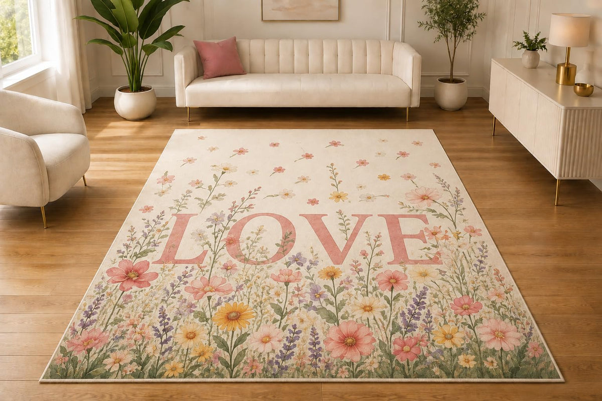 ICE ARMOR 5' x 7' Wildflower Meadow Love Area Rug, Soft Low Pile Indoor Rug with Non-Slip Silicone Backing for Living Room, Bedroom, Nursery, Kids Room, Kids & Pets, Cream Pink Yellow