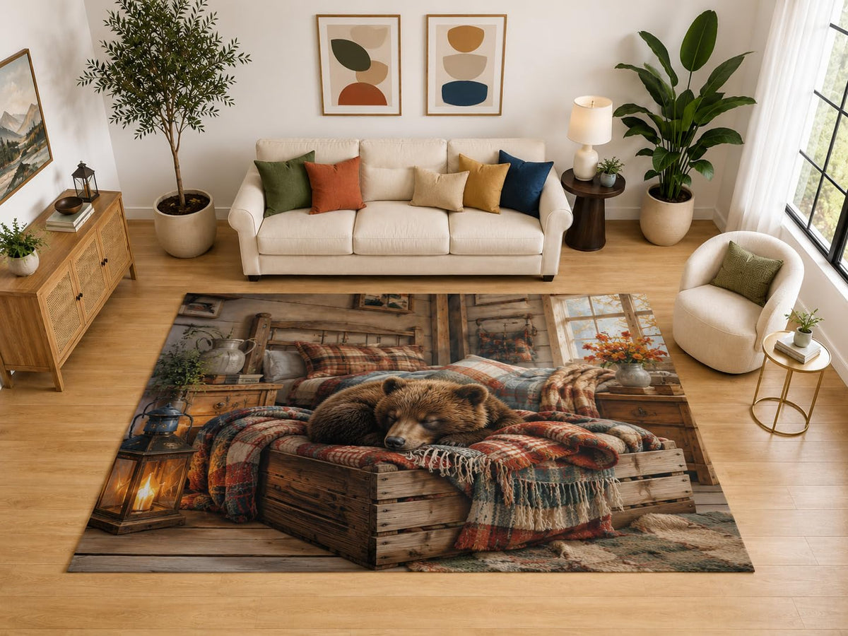 ICE ARMOR "Ultra Light Weight Large 6'7" x 9'10" Sleeping Bear Cabin Bed Rug, Soft Low Pile Indoor Rug, Non-Slip Silicone Backing for Bedroom Brown