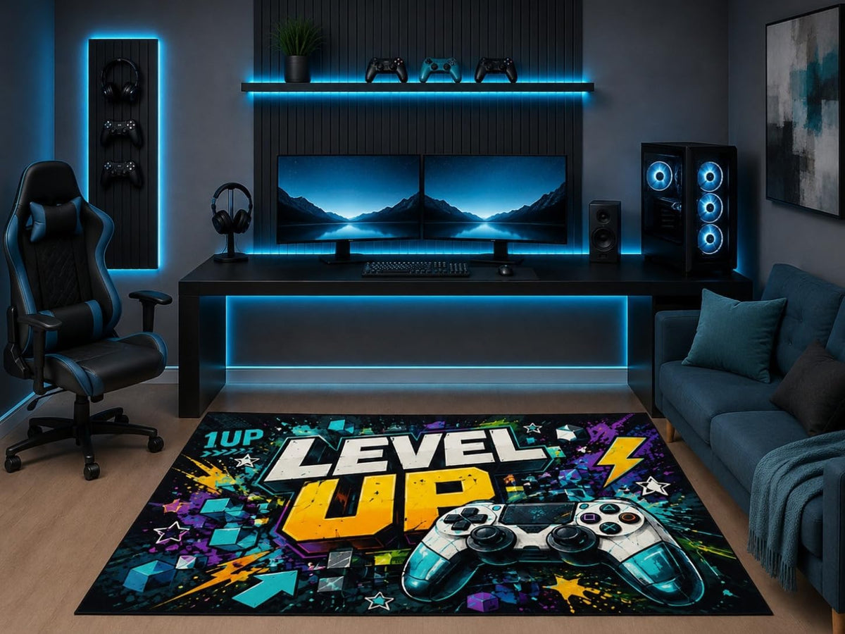ICE ARMOR 5' x 7' Level Up Gaming Area Rug Graffiti Video Game Controller Gamer Room Bedroom Playroom Teen Boys Decor Non-Slip Silicone Backing Low Pile