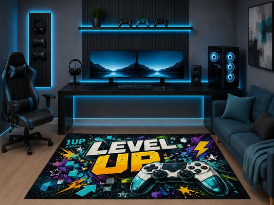 ICE ARMOR 5' x 7' Level Up Gaming Area Rug Graffiti Video Game Controller Gamer Room Bedroom Playroom Teen Boys Decor Non-Slip Silicone Backing Low Pile