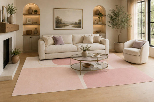 ICE ARMOR Large 6'7" x 9'10" Cream and Blush Pink Color Block Area Rug for Living Room, Soft Low Pile Carpet with Non-Slip Silicone Backing, Decor for Bedroom and Home Office