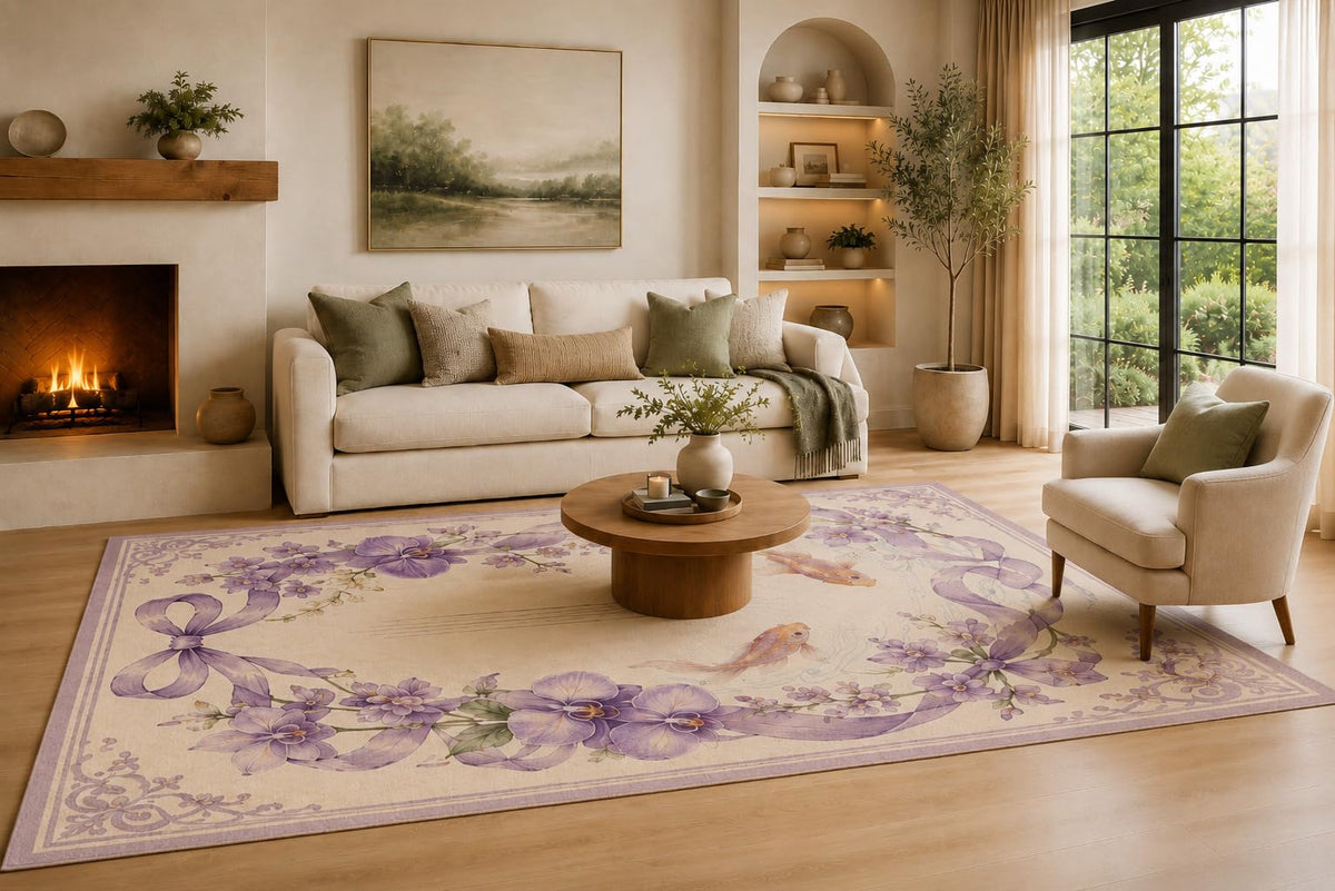 ICE ARMOR Large 6'7" x 9'10" Lavender and Ivory Floral Ribbon Koi Area Rug for Living Room, Soft Low Pile Carpet with Non-Slip Silicone Backing, Decor for Bedroom, Dining Area and Home Office