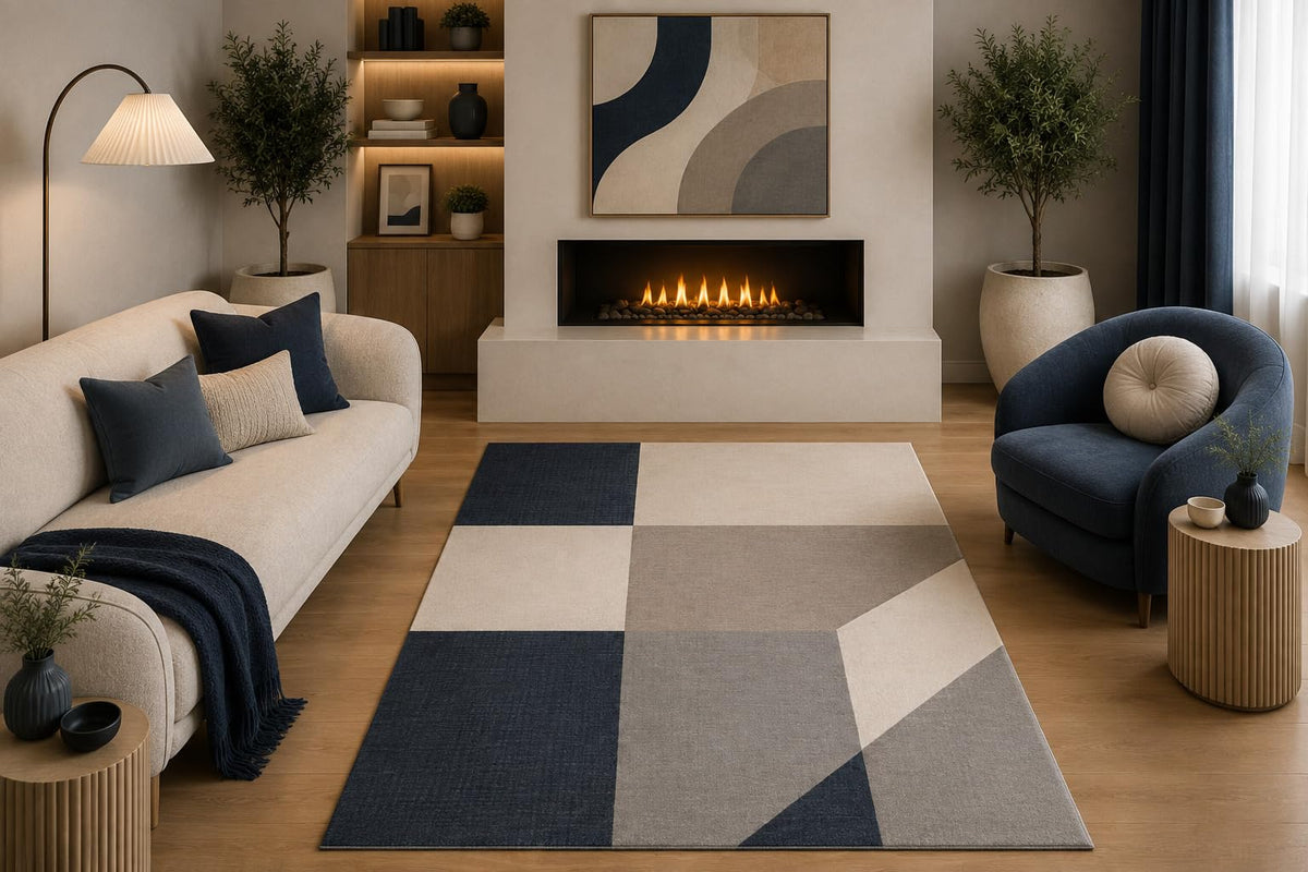ICE ARMOR 5' x 7' Modern Geometric Area Rug Abstract Navy Blue Gray Beige Color Block Design for Living Room Bedroom Dining Room Office Non-Slip Silicone Backing Low Pile