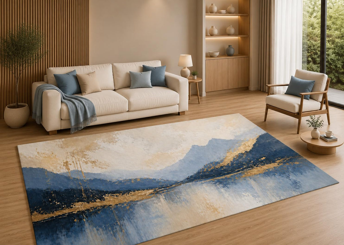 ICE ARMOR 5' x 7' Blue Mountain Lake Area Rug with Non-Slip Silicone Backing Low Pile Soft Carpet for Living Room Bedroom Office Modern Abstract Landscape Decor