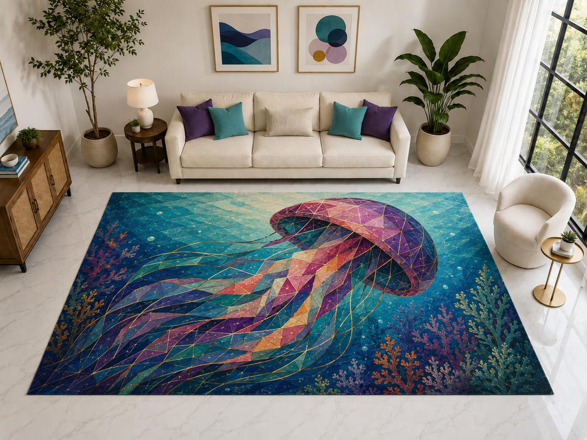 ICE ARMOR "Ultra Light Weight Large 6'7" x 9'10" Geometric Jellyfish Rug, Soft Low Pile Indoor Rug, Non-Slip Silicone Backing for Living Room Blue