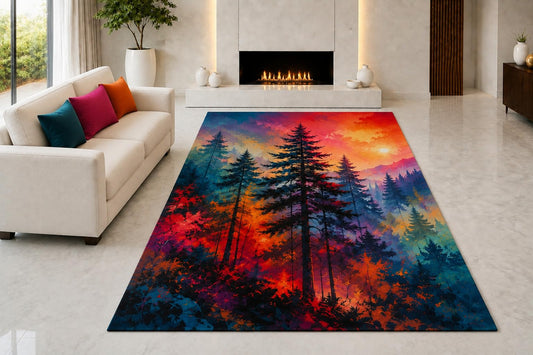 ICE ARMOR "Ultra Light Weight 5' x 7' Forest Sunset Area Rug for Living Room, Bedroom and Home Office, Soft Low Pile Carpet with Non-Slip Silicone Backing, Purple and Orange