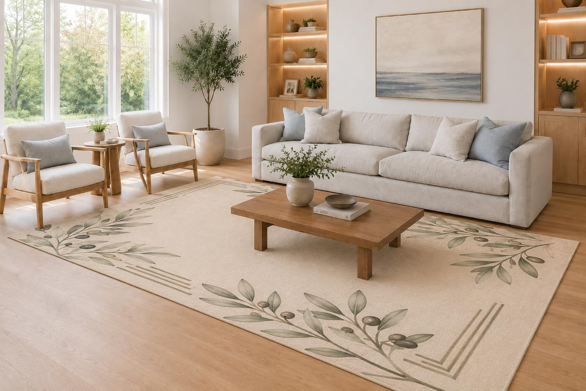 ICE ARMOR Large 6'7" x 9'10" Olive Green and Cream Botanical Berry Corners Area Rug for Living Room, Soft Low Pile Carpet with Non-Slip Silicone Backing, Decor for Bedroom, Dining Area and Home Office