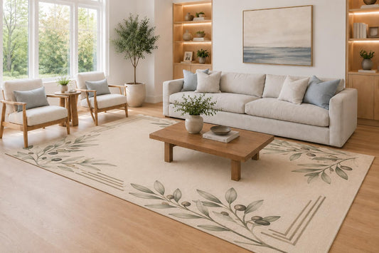 ICE ARMOR Large 6'7" x 9'10" Olive Green and Cream Botanical Berry Corners Area Rug for Living Room, Soft Low Pile Carpet with Non-Slip Silicone Backing, Decor for Bedroom, Dining Area and Home Office