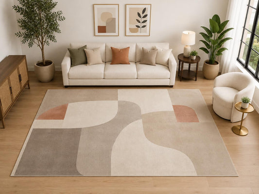 ICE ARMOR "Ultra Light Weight Large 6'7" x 9'10" Abstract Curved Geometric Area Rug, Soft Low Pile Indoor Rug and Non-Slip Silicone Backing for Living Room, Beige