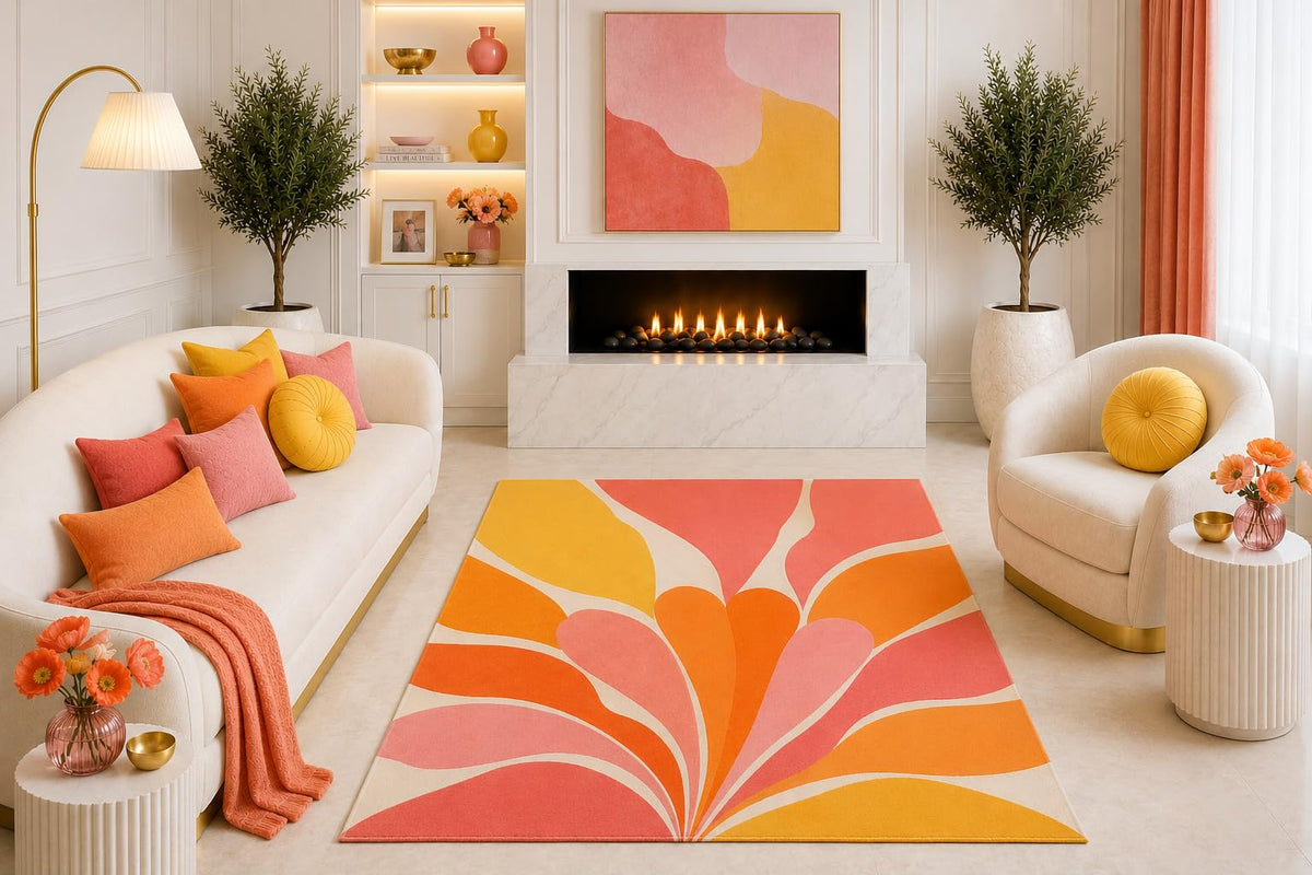 ICE ARMOR "Ultra Light Weight 5' x 7' Orange Pink Abstract Floral Area Rug, Retro Sunburst Petal Design for Living Room Bedroom Dining Room, Non-Slip Silicone Backing Low Pile