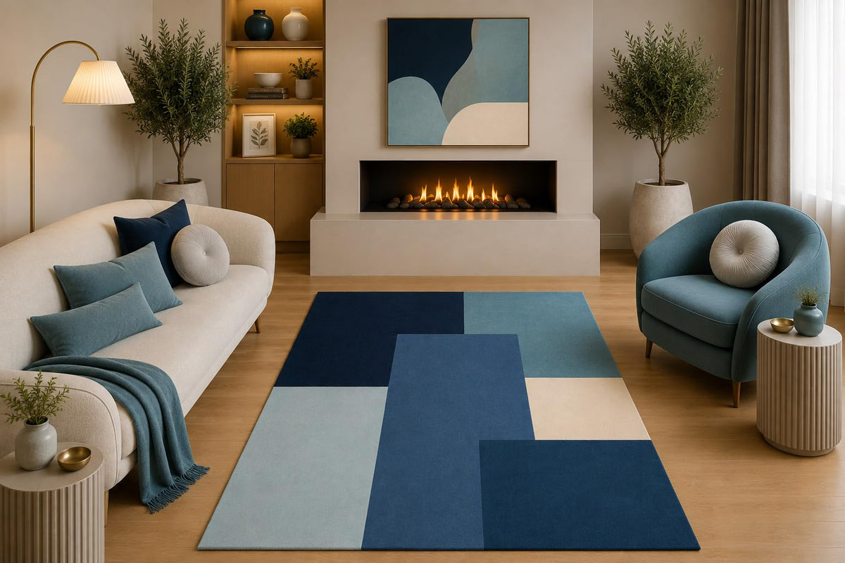 ICE ARMOR 5' x 7' Modern Geometric Area Rug Navy Blue Teal Light Blue Abstract Color Block Design for Living Room Bedroom Dining Room Non-Slip Silicone Backing Low Pile