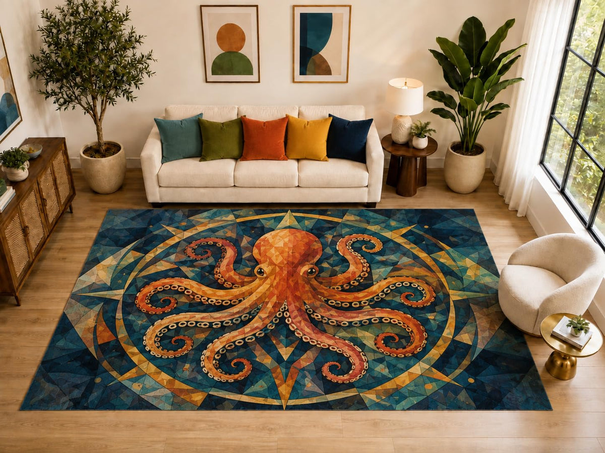 ICE ARMOR "Ultra Light Weight Large 6'7" x 9'10" Compass Octopus Rug, Soft Low Pile Indoor Rug, Non-Slip Silicone Backing for Living Room Teal