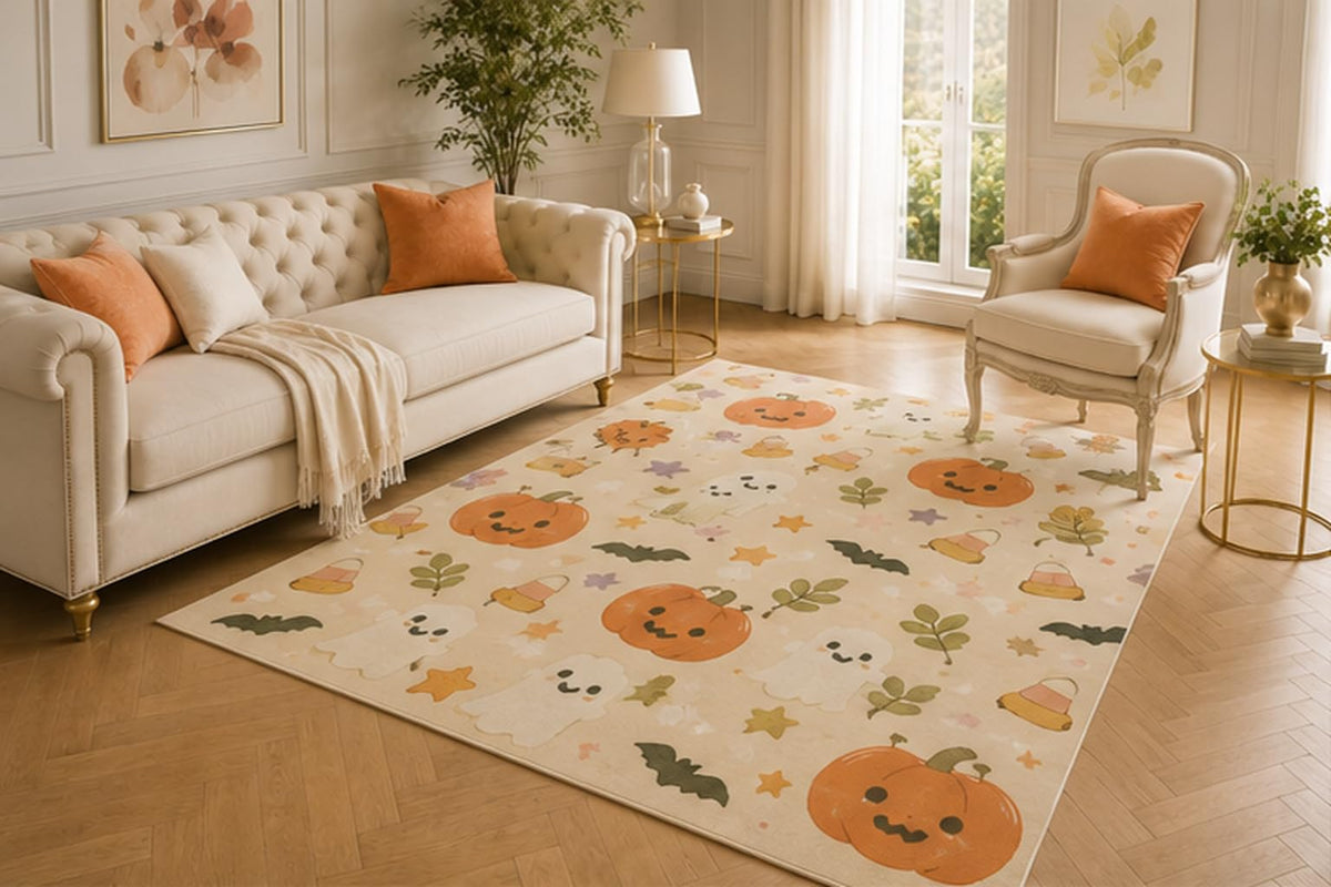 ICE ARMOR 5' x 7' Cute Pumpkin Ghost Halloween Rug, Playful Candy Corn Bat Pattern, Soft Low Pile Indoor Mat with Non-Slip Backing for Nursery, Bedroom and Playroom