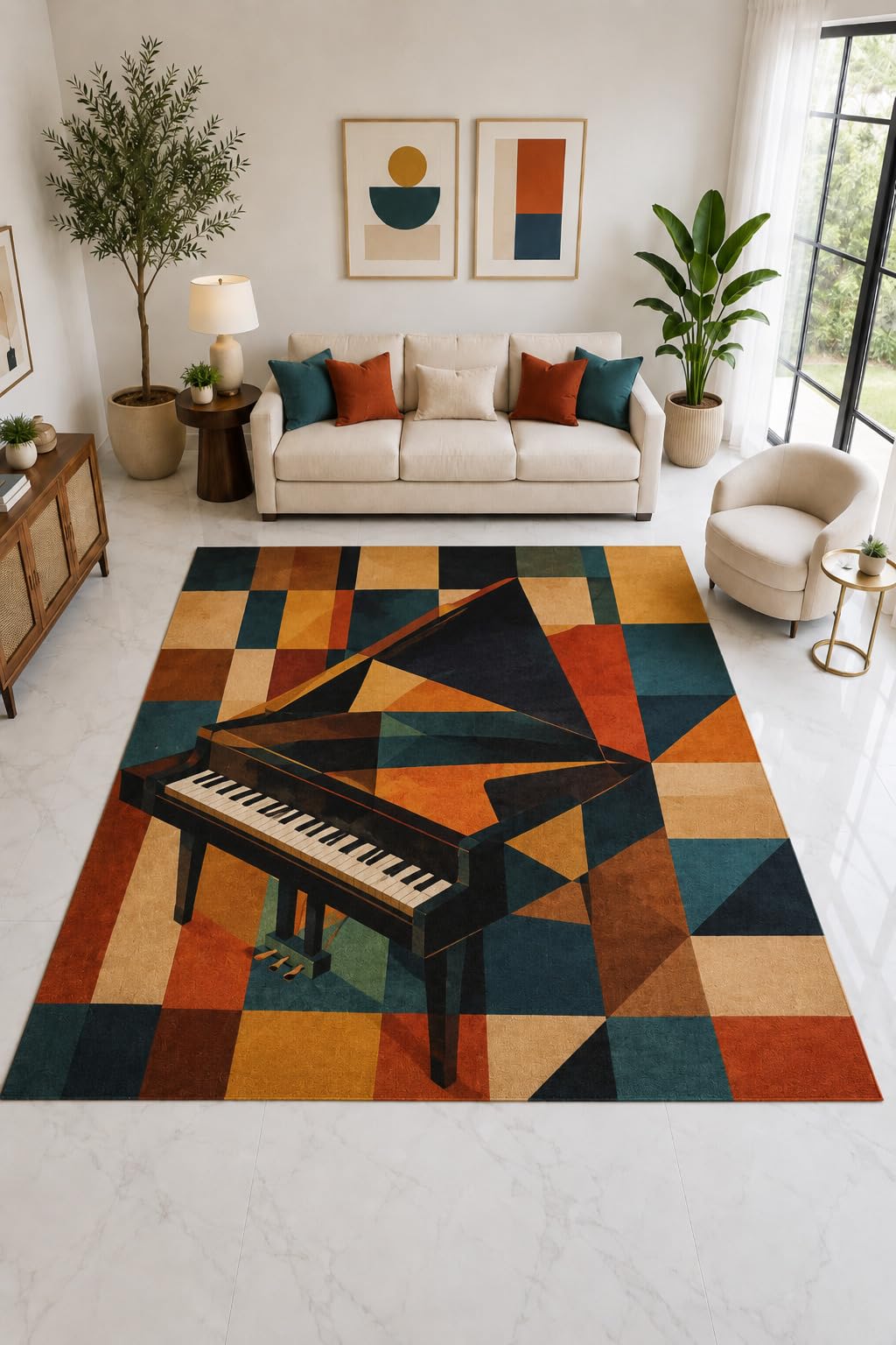 ICE ARMOR "Ultra Light Weight Large 6'7" x 9'10" Grand Piano Geometric Rug, Soft Low Pile Indoor Rug, Non-Slip Silicone Backing for Living Room Teal