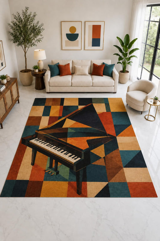 ICE ARMOR "Ultra Light Weight Large 6'7" x 9'10" Grand Piano Geometric Rug, Soft Low Pile Indoor Rug, Non-Slip Silicone Backing for Living Room Teal