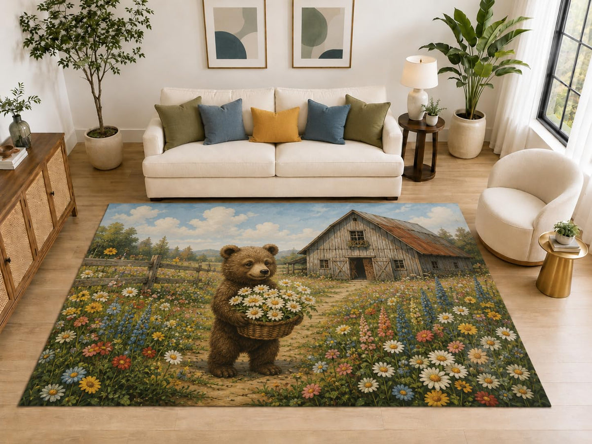 ICE ARMOR "Ultra Light Weight Large 6'7" x 9'10" Bear Cub Flower Farm Area Rug, Soft Low Pile Indoor Rug, Non-Slip Silicone Backing, Kids Room, Brown