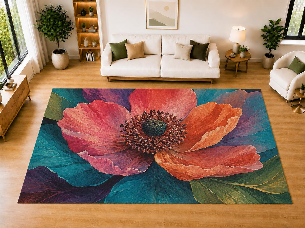ICE ARMOR "Ultra Light Weight Large 6'7" x 9'10" Poppy Bloom Area Rug for Living Room Bedroom Dining Room, Soft Low Pile Non-Slip Backing, Coral Orange Teal Purple Botanical Decor