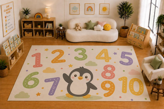 ICE ARMOR Large 6'7" x 9'10" Penguin and Numbers 1 to 10 Area Rug for Kids Room, Classroom, Bedroom, Playroom Decor, Soft Low Pile Indoor Rug with Non-Slip Silicone Backing, Pastel Multicolor