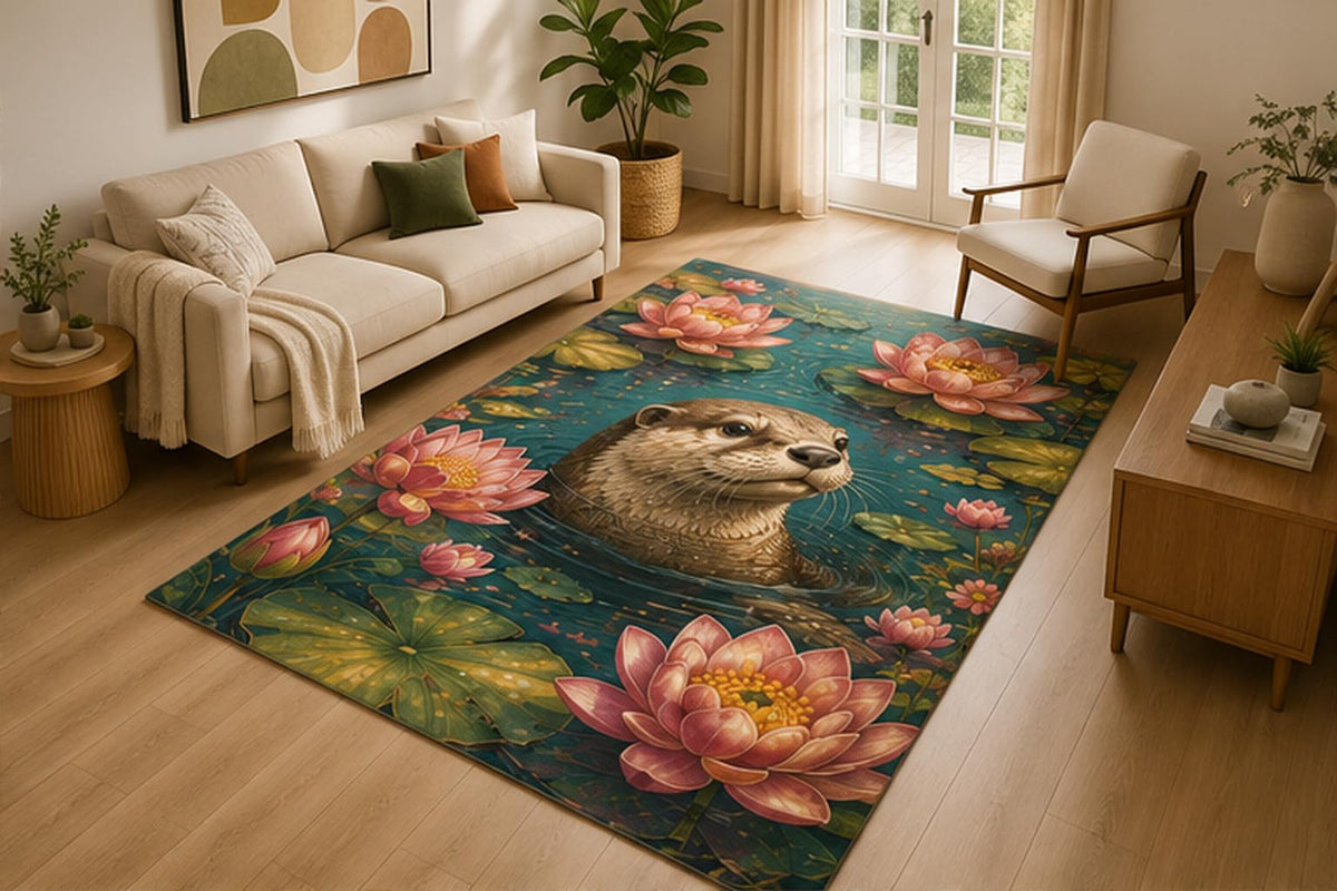 ICE ARMOR 5' x 7' Otter Lotus Pond Area Rug for Living Room, Soft Low Pile Indoor Rug with Non-Slip Silicone Backing, Water Garden Wildlife Decor for Bedroom, Nursery, Family Room, Kids & Pets