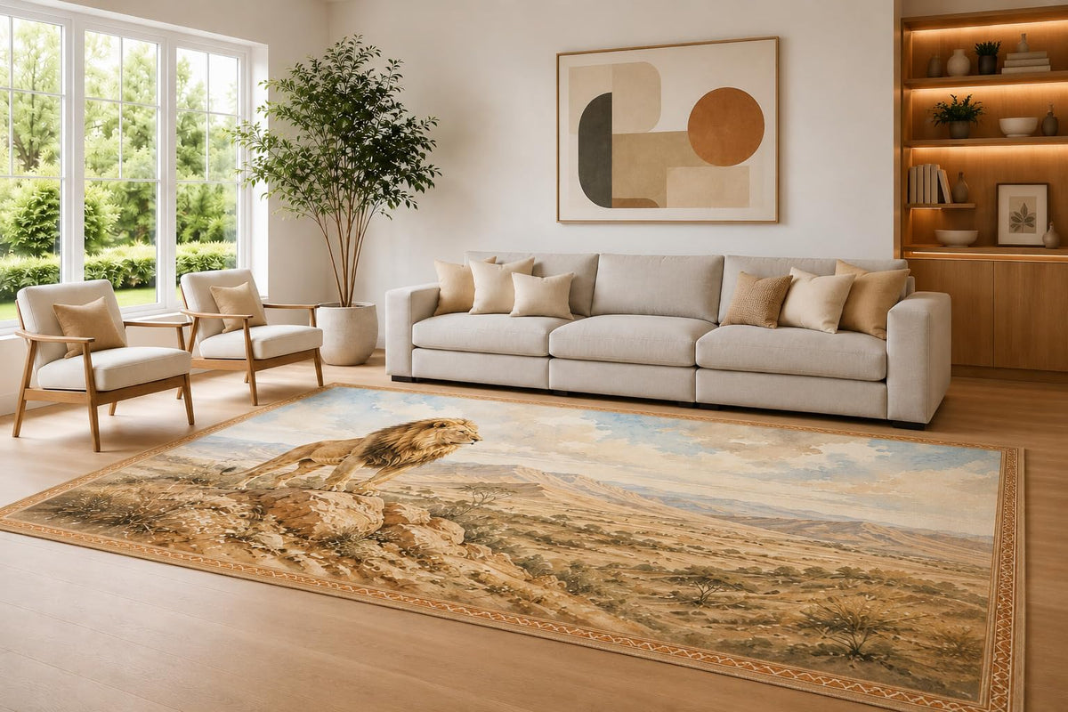 ICE ARMOR Large 6'7" x 9'10" Beige and Brown Roaming Lion Area Rug for Living Room, Soft Low Pile Carpet with Non-Slip Silicone Backing, Decor for Bedroom Dining Room and Home Office
