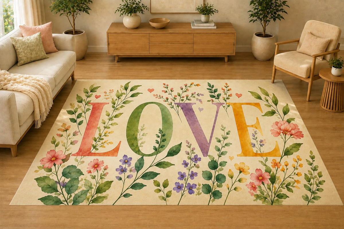 ICE ARMOR 5' x 7' Watercolor Botanical Love Area Rug, Soft Low Pile Indoor Rug with Non-Slip Silicone Backing, Living Room, Bedroom, Office, Beige Pastel