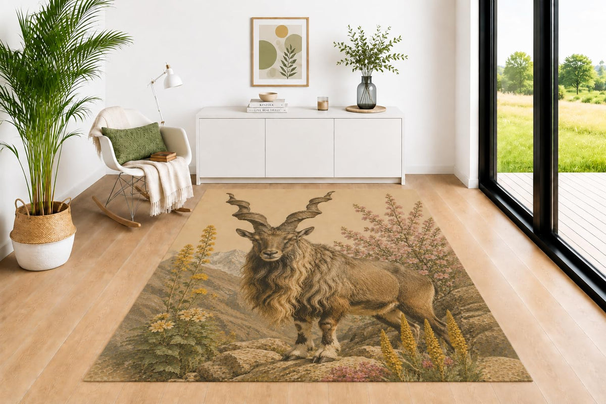 ICE ARMOR 5' x 7' Markhor Mountain Goat Area Rug for Living Room, Soft Low Pile Indoor Rug with Non-Slip Silicone Backing, Decorative Carpet for Bedroom, Office, Kids & Pets, Brown
