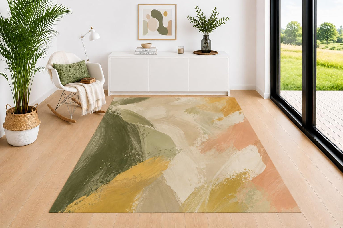 ICE ARMOR 5' x 7' Scenic Hills Area Rug, Sage Green Mustard Peach and Cream Painterly Pattern, Soft Low Pile Carpet for Living Room Bedroom Office Decor