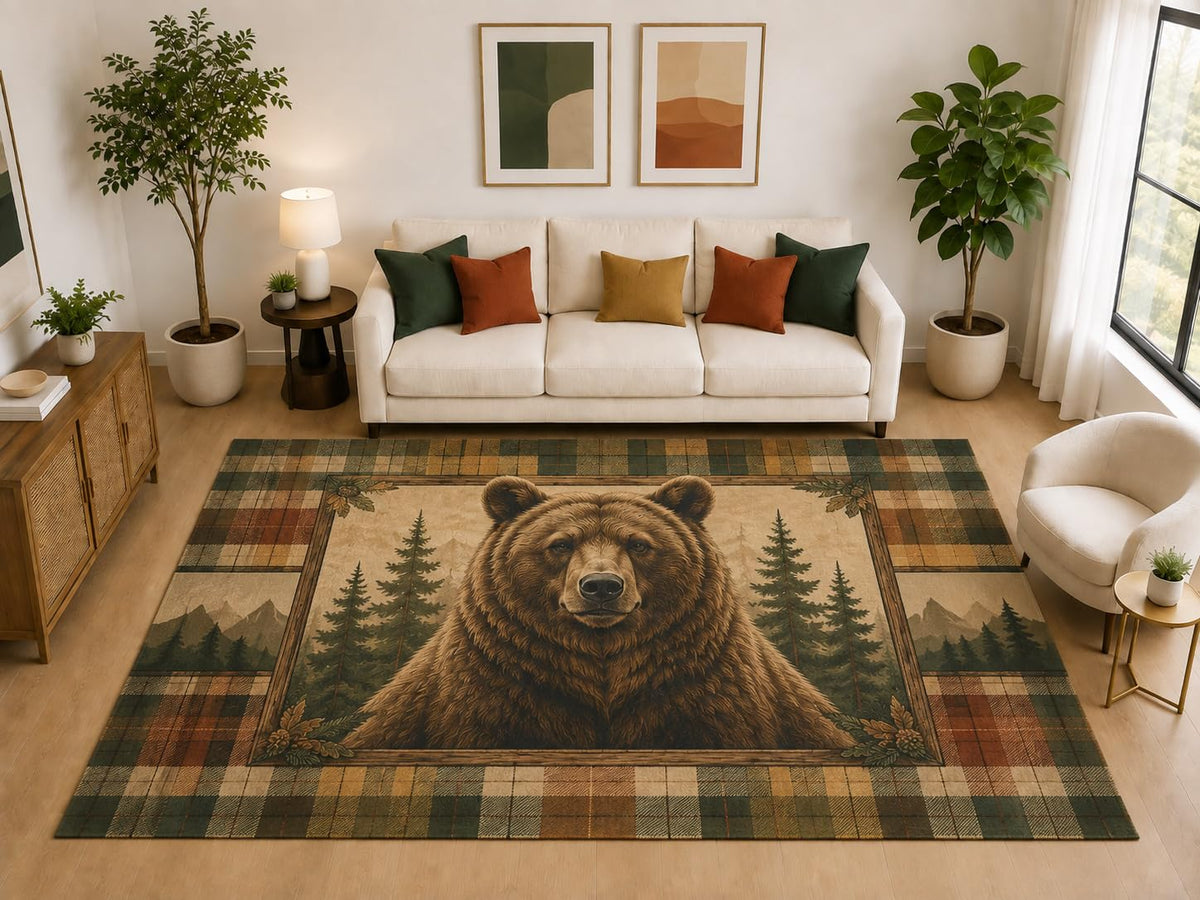 ICE ARMOR "Ultra Light Weight Large 6'7" x 9'10" Plaid Bear Mountain Rug, Soft Low Pile Indoor Rug and Non-Slip Silicone Backing, Bedroom, Brown