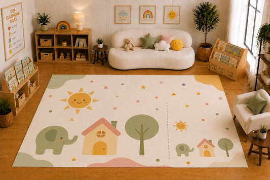 ICE ARMOR Large 6'7" x 9'10" Elephant Size Comparison Area Rug for for Kids Room, Classroom, Bedroom, Playroom Decor, Soft Low Pile Indoor Rug with Non-Slip Silicone Backing, Pastel Multicolor