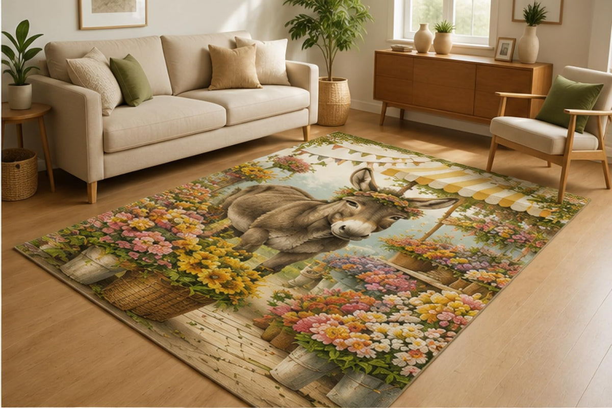 ICE ARMOR 5' x 7' Donkey Flower Market Area Rug for Living Room, Soft Low Pile Indoor Rug with Non-Slip Silicone Backing, Farmhouse Carpet for Bedroom, Office, Family Room, Beige Pink Yellow