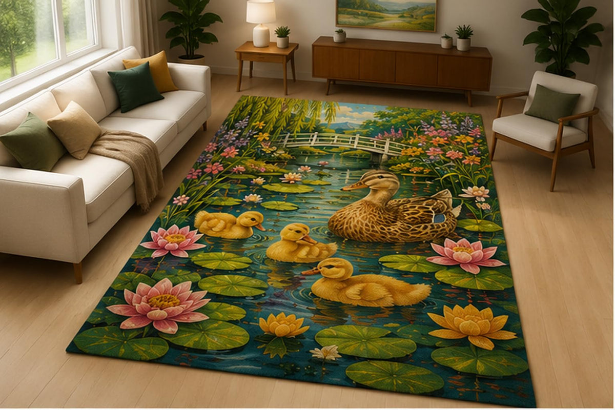 ICE ARMOR 5' x 7' Duck Pond Lotus Garden Area Rug Soft Low Pile Indoor Rug with Non Slip Silicone Backing Water Nature Decor Carpet for Living Room Bedroom Nursery Kids Room Green