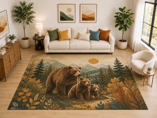 ICE ARMOR "Ultra Light Weight Large 6'7" x 9'10" Bear Family Woods Rug for Living Room, Soft Low Pile Indoor Rug and Non-Slip Silicone Backing, Brown