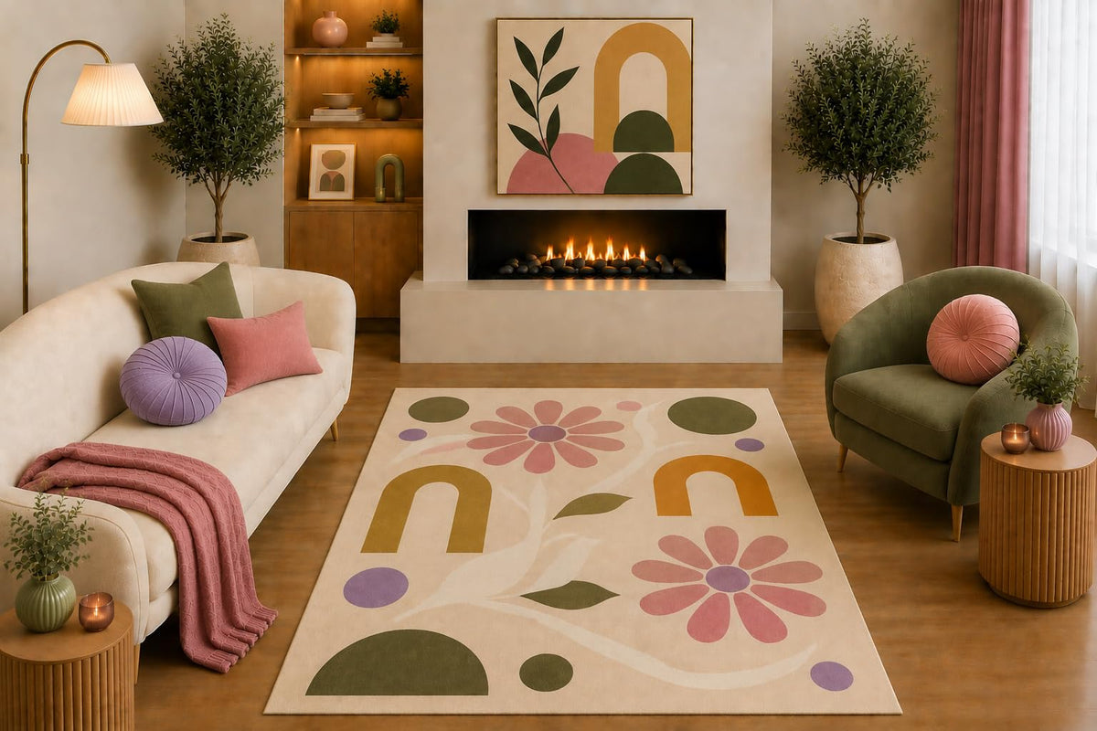 ICE ARMOR "Ultra Light Weight 5' x 7' Boho Floral Area Rug Pink Olive Mustard Lavender Daisy Arch Botanical Design for Living Room Bedroom Nursery Non-Slip Silicone Backing Low Pile