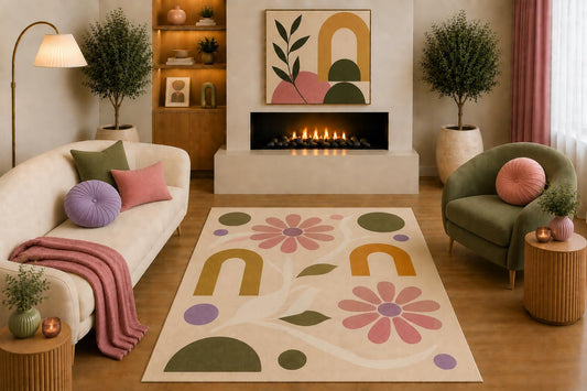 ICE ARMOR "Ultra Light Weight 5' x 7' Boho Floral Area Rug Pink Olive Mustard Lavender Daisy Arch Botanical Design for Living Room Bedroom Nursery Non-Slip Silicone Backing Low Pile