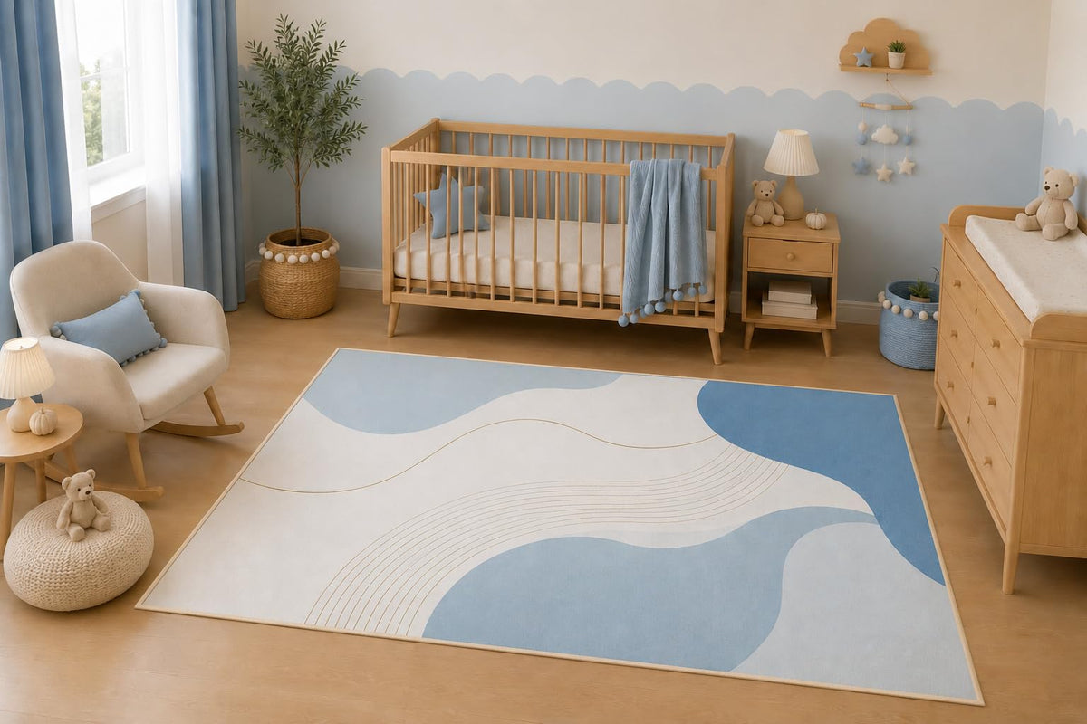 ICE ARMOR 5' x 7' Blue Abstract Wave Area Rug, Modern Scandinavian Geometric Living Room Bedroom Nursery Decor, Non-Slip Silicone Backing Low Pile Carpet