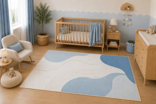 ICE ARMOR 5' x 7' Blue Abstract Wave Area Rug, Modern Scandinavian Geometric Living Room Bedroom Nursery Decor, Non-Slip Silicone Backing Low Pile Carpet