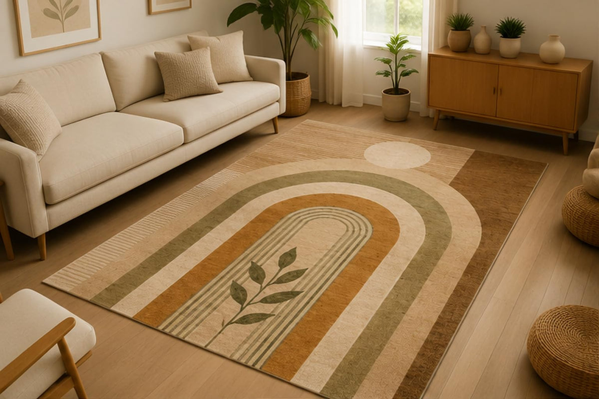 ICE ARMOR 5' x 7' Modern Abstract Arch Area Rug Soft Low Pile Indoor Rug with Non-Slip Silicone Backing Contemporary Decor Carpet for Living Room Bedroom Dining Room Office Family Room Beige Brown
