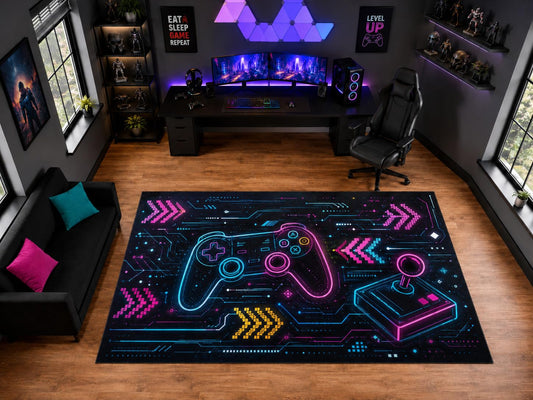 ICE ARMOR "Ultra Light Weight Large 6'7" x 9'10" Neon Controller and Arcade Circuit Area Rug for Playroom Decor, Soft Low Pile Indoor Rug with Non-Slip Silicone Backing, Black Multicolor